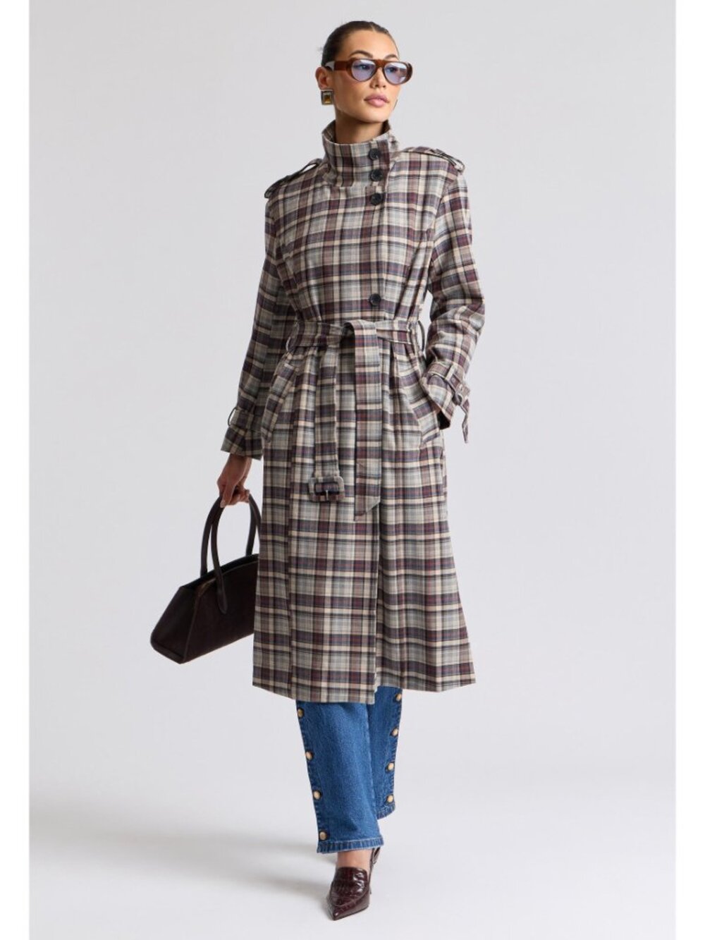 New Avec Les Filles Plaid Belted Funnel Neck Trench Coat Grey Blue XS